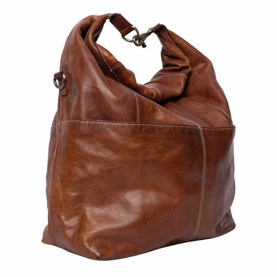 Brown leather roll top handbag on a white background | Yarn Worx