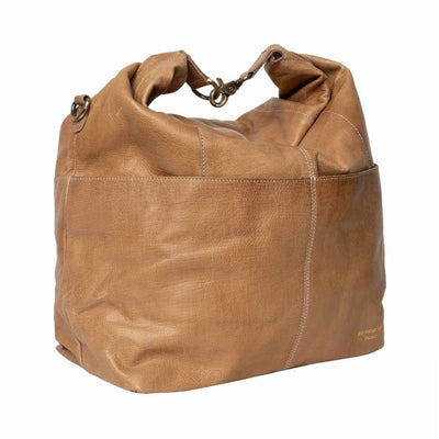 Taupe leather handbag on a white background | Yarn Worx