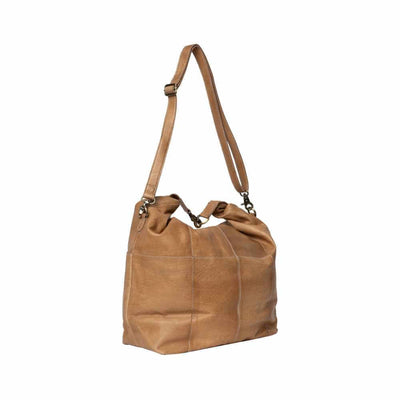 Taupe leather handbag with a shoulder strap on a white background | Yarn Worx