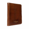 A brown leather knitting needle case with white contrast stitching and gold embossed branding near the bottom right, shown on a plain white background | Yarn Worx