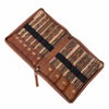 An open brown leather organizer case filled with many colourful double pointed knitting needles arranged in rows with black elastic bands and gold-coloured labels, on a plain white background | Yarn Worx