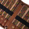 Close-up of a leather  organizer with elastic bands holding multicoloured double pointed knitting needles, shown on a white background | Yarn Worx