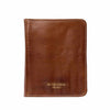 A brown leather knitting needle case with visible grain texture, white stitching, and gold embossed text reading 'RE-DESIGNED PROJECT' near the bottom, shown on a plain white background | Yarn Worx