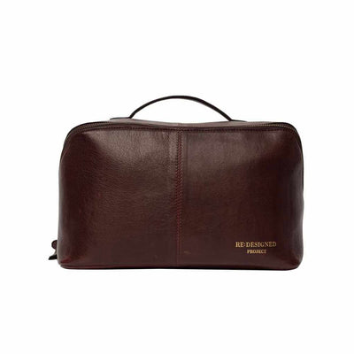 Dark Cherry leather project bag with 'REDESIGNED PROJECT' branding on a white background | Yarn Worx
