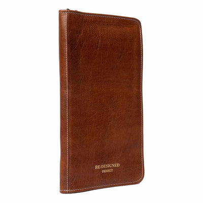 Brown leather knitting needle case with 'RE-DESIGNED PROJECT' branding on a white background | Yarn Worx