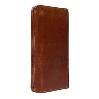 Brown leather knitting needle case on a white background | Yarn Worx