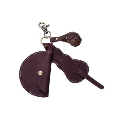A dark burgundy leather accessory set featuring a curved snap-button pouch, a matching strap, and a metal clasp, displayed on a solid white background | Yarn Worx