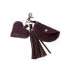 A dark burgundy leather keychain with a heart-shaped charm, a small flap pouch with a snap button, and a long tassel, attached to a copper coloured metal clasp on a white background | Yarn Worx