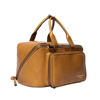 Re:Designed Project 39 oak leather travel bag with dual top handles, a front zippered pocket, and a diagonal zipper, shown on a plain white background.