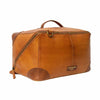 Brown leather duffel bag with a visible brand label on a white background | Yarn Worx