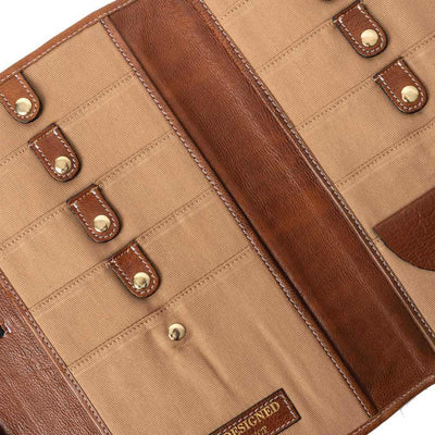 Re:Designed - Project 82 XL Fixed Circular Knitting Needle Case shown in colourway walnut and gold | Yarn Worx