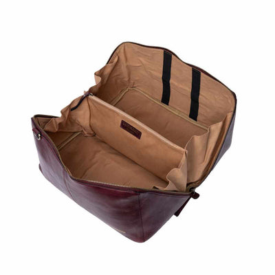 Cherry leather bag with open compartment showing beige interior on a white background | Yarn Worx