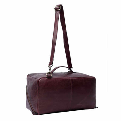 Burgundy cherry leather knitting bag with a strap on a white background | Yarn Worx