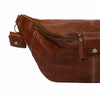 Brown leather bag with a zipper on a white background