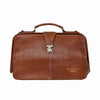 A brown leather medical-style doctor's bag with a top handle, front strap closure, and silver-tone buckle, shown on a plain white background. The brand name 'REDESIGNED PROJECT' is embossed on the lower right front | Yarn Worx