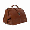 A brown leather medical-style duffel bag with a top handle, front flap, and metal clasp, photographed on a plain white background. The bag has a debossed logo on the lower right that reads 'REDESIGNED PROJECT' | Yarn Worx