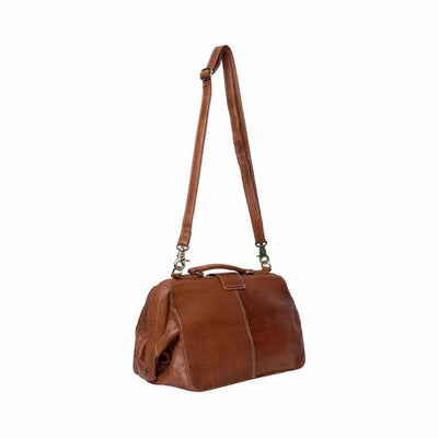 A medium brown textured leather duffel bag with a long adjustable shoulder strap and top handle, shown from a side profile on a plain white background | Yarn Worx