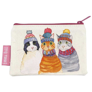 Pouch with three cats wearing colorful hats and scarves on a white background | Yarn Worx