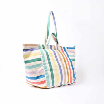 Multicolored striped tote bag on a white background | Yarn Worx