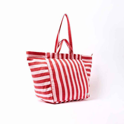 Red and pink striped tote bag on a white background | Yarn Worx