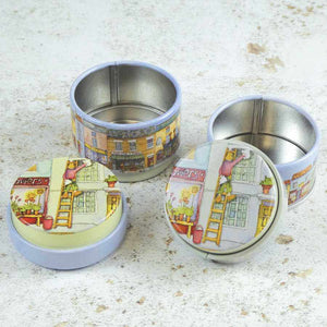 Tin canister with 'Market Street' design on a white background | Yarn Worx