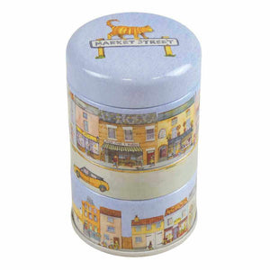 Tin canister with 'Market Street' design on a white background | Yarn Worx