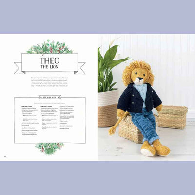 Knitted lion toy named Theo sitting on a woven box with plant and basket in the background | Yarn Worx