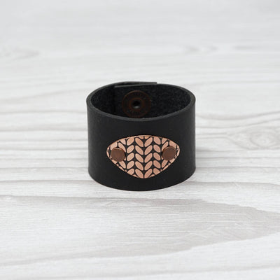 Birdie Parker Designs - Sierra Leather Shawl Cuff - Knit with black leather and copper medallion | Yarn Worx