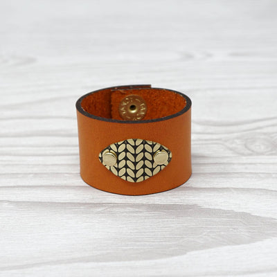 Birdie Parker Designs - Sierra Leather Shawl Cuff - Knit with orange leather and brass medallion | Yarn Worx