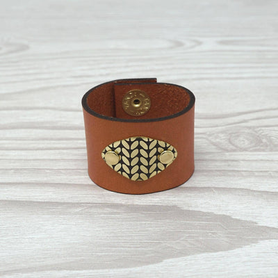 Birdie Parker Designs - Sierra Leather Shawl Cuff - Knit with rose gold leather and brass medallion | Yarn Worx