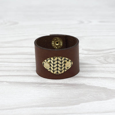 Birdie Parker Designs - Sierra Leather Shawl Cuff - Knit with Timber brown leather and brass medallion | Yarn Worx