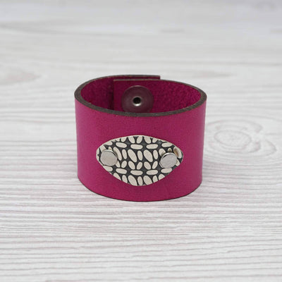 Birdie Parker Designs - Sierra Leather Shawl Cuff - Crochet with Hot Pink leather and sterling silver medallion | Yarn Worx