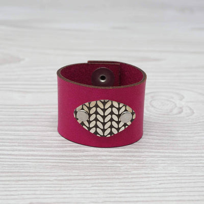 Birdie Parker Designs - Sierra Leather Shawl Cuff - Knit with Hot Pink leather and sterling silver medallion | Yarn Worx