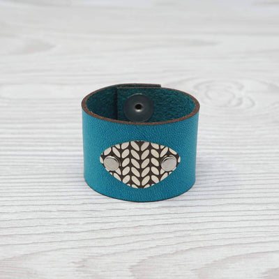 Birdie Parker Designs - Sierra Leather Shawl Cuff - Knit with Turquoise leather and sterling silver medallion | Yarn Worx