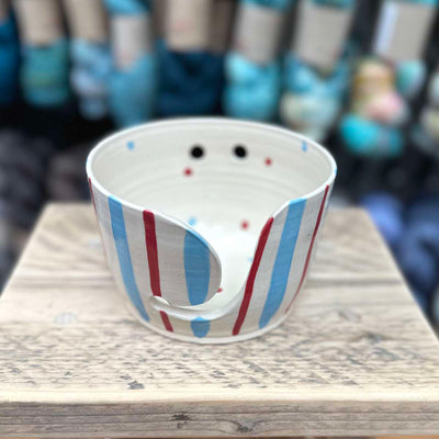 Ceramic Yarn Bowl - Red & Blue Stripe Pattern | Yarn Worx