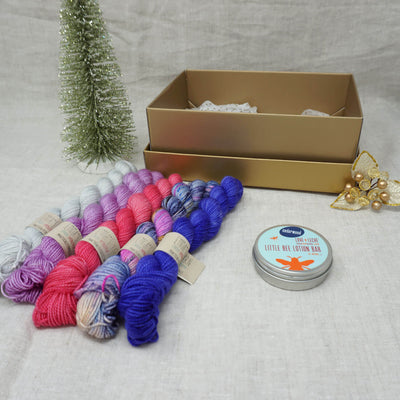 Christmas Knit or Crochet Gift 4 (5 x 20g & Love & Leche Lotion Bar) with Wing It, Fame & Fortune, Cactus Flower, Lilac You A Lot and Jackie O Practically Perfect Smalls Emma's yarn