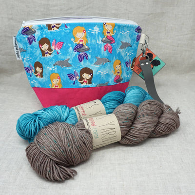 Christmas Knit or Crochet Gift 6 (2 x 100g Skeins & Project Bag) Emma's Yarn Simply Spectacular DK Double Knit Wool in Inlay and Set Sail with Mermaids Hillary Project bag by Beautiful Syster