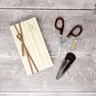 Cohana Lacquer Scissors from Seki shown in deep brown with leather pouch and wooden box | Yarn Worx