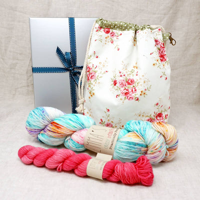 Sock Knitters Delight Gift 2 (Project Bag, Emma's Yarn Sock 1 x 100g & 1 x 20g) | Mexican Wedding Dress with Cactus Flower | Yarn Worx