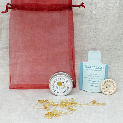 Yarn Worx Stitch Marker, Wooden Button & Wool Wash Kit shown as separate components | Yarn Worx
